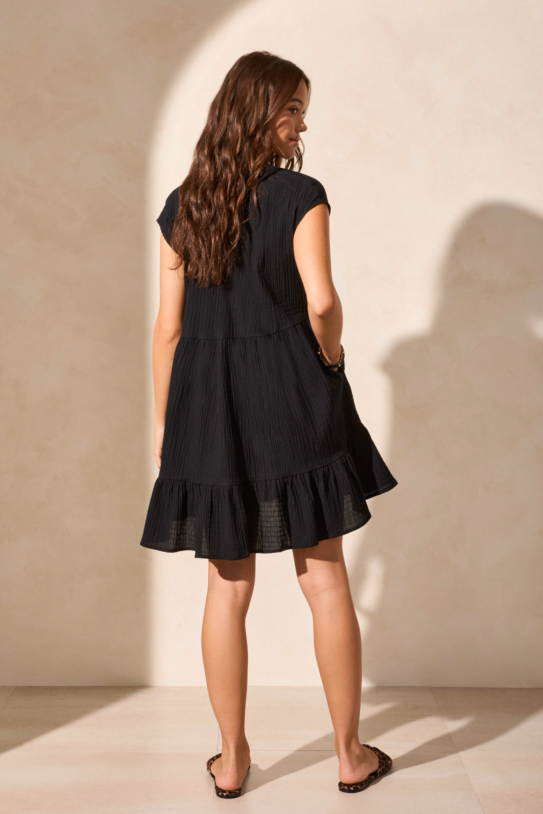 Cotton Bubble Pleated Multi-Layer Short Sleeve Dress - Black