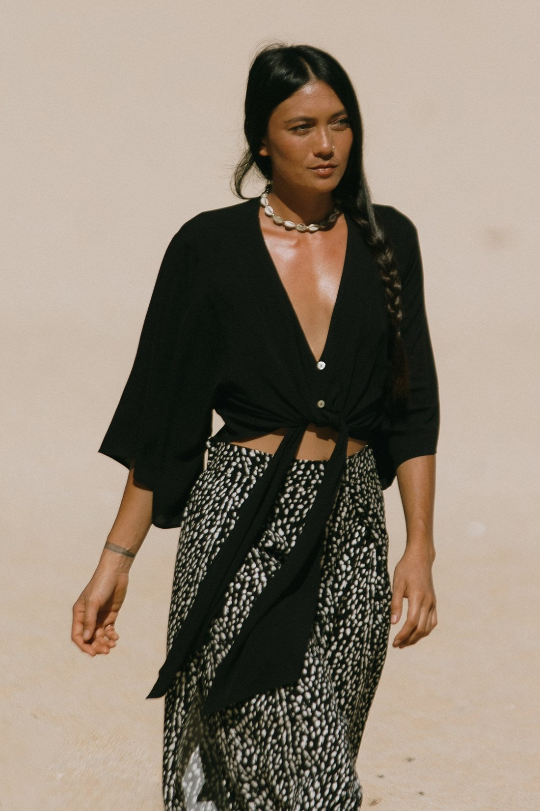 Black Tie Front Kimono Top - Black