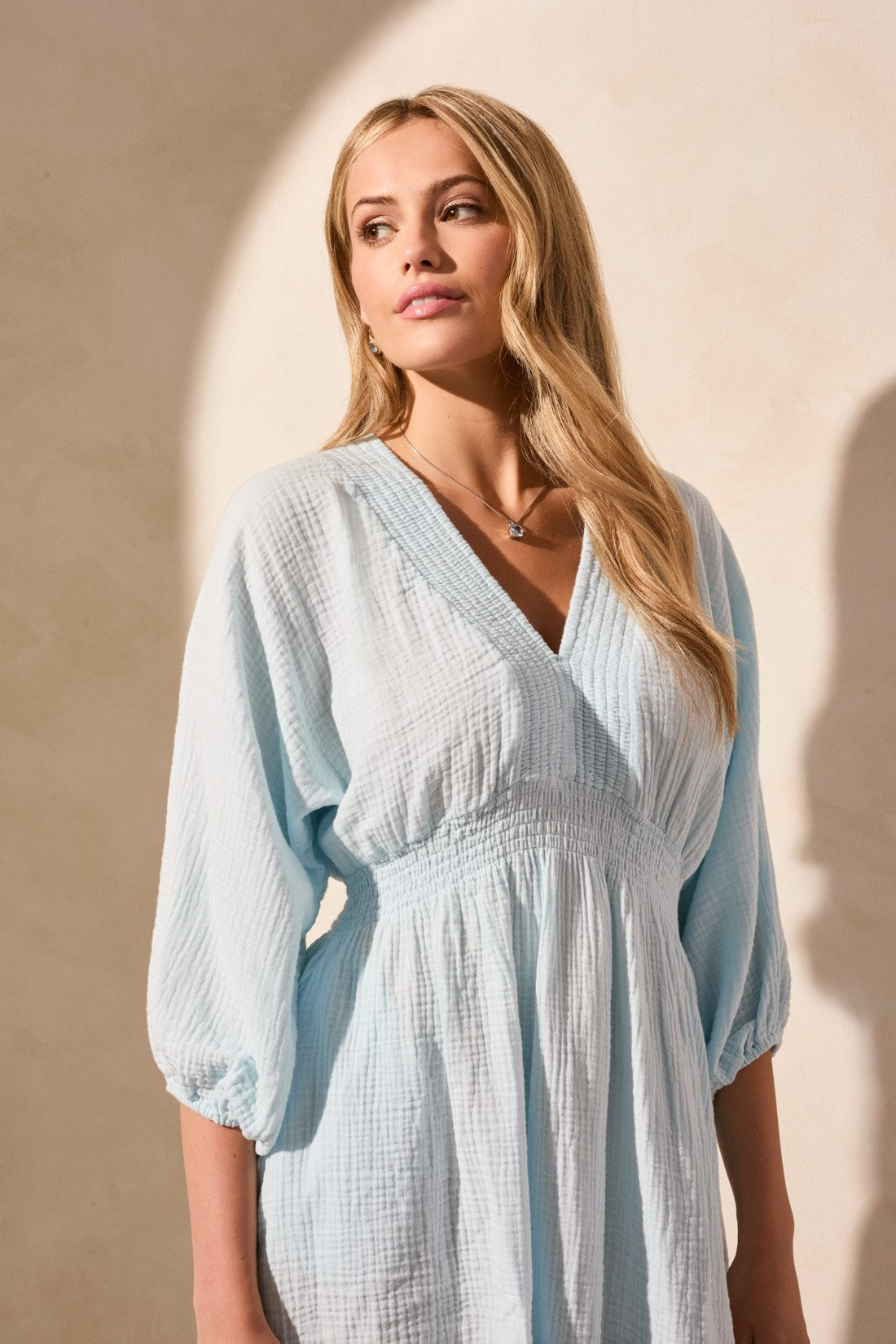 Pleated Puff Sleeve Dress - Water