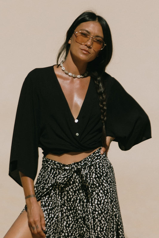 Black Tie Front Kimono Top - Black